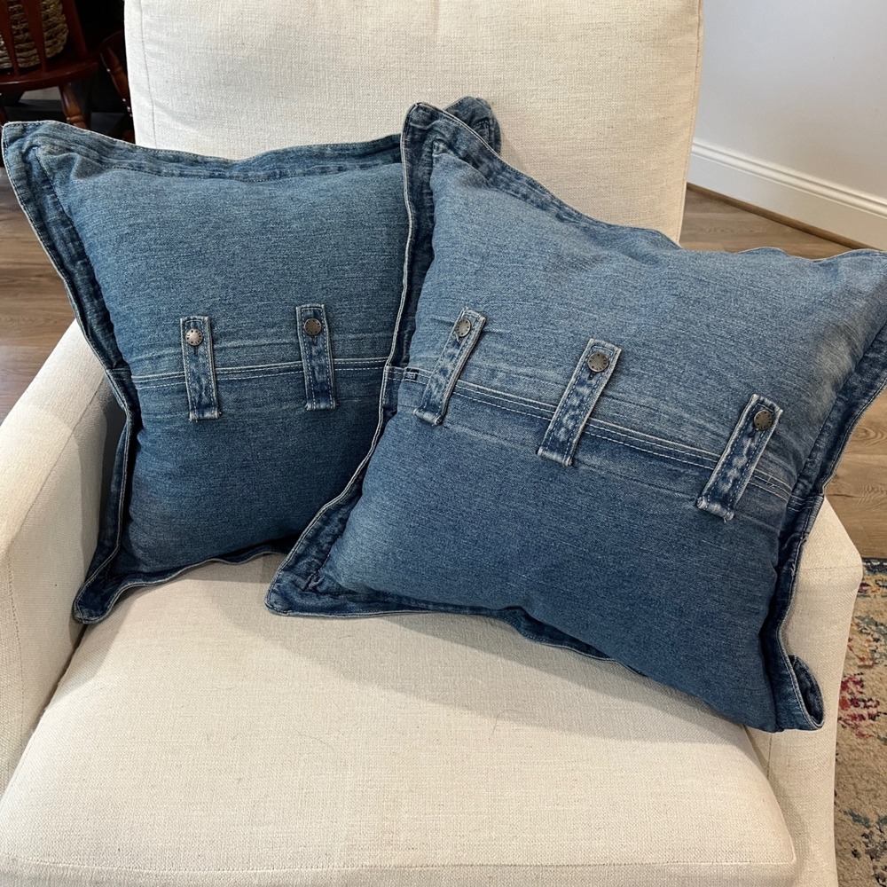 Ralph Lauren Denim Throw Pillows Set of 2 Blue Jean Home Cotton Button Euro